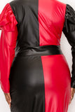 Red and black colorblock faux leather wrap dress featuring a curve-flaunting waist feature, puff shoulders with long sleeves and a high/low tulip hem
