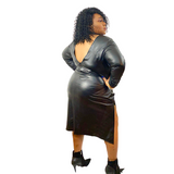 Classy Midi slit dress with Ruched long sleeves complimented by an open back. True to size. True to Style.