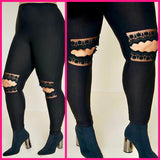 Knee Laced Cut-Out Black opaque plus size leggings with brush cotton blend stretch fabric.