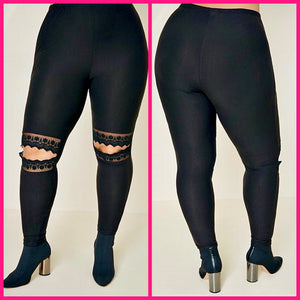 Knee Laced Cut-Out Black opaque plus size leggings with brush cotton blend stretch fabric.