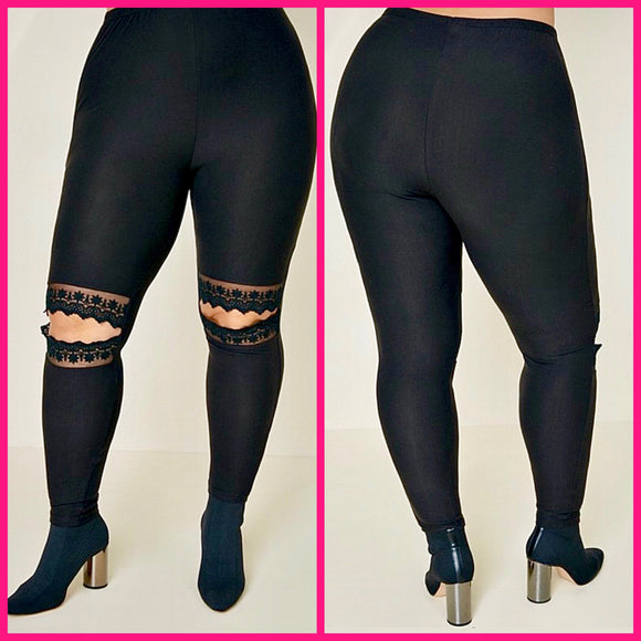 Knee Laced Cut-Out Black opaque plus size leggings with brush cotton blend stretch fabric.
